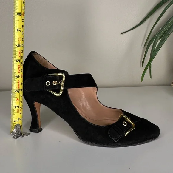 Anyi Lu Black Suede Heels 37 | Mary Jane Pumps with Gold Buckles | Made in Italy - Picture 12 of 13